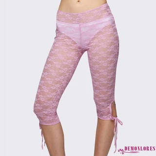 Demonlores- ผู้หญิงลูกไม้ Capri กางเกง Casual Bandage Cutout กางเกงขาสั้นยืดหยุ่นซีทรู