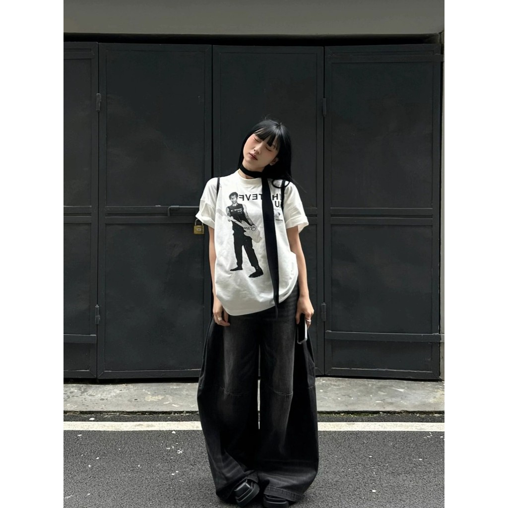 (จัดส่งตลอด 24 ชั่วโมง）OOOK Official เสื้อยืดแขนสั้นคอกลมลายพิมพ์มือกีตาร์สไตล์อเมริกันย้อนยุค ขนาดโอเวอร์ไซส์