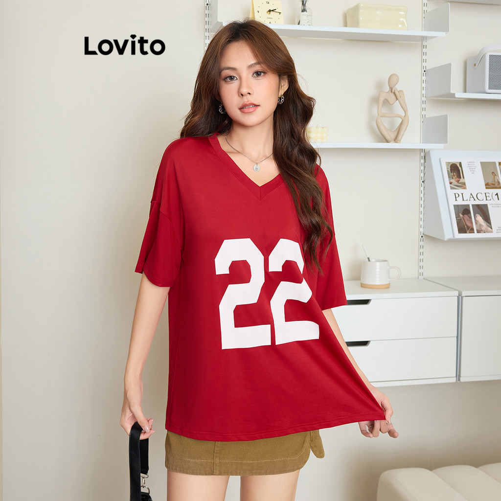 Lovito เสื้อยืด สีบล็อกตัวอักษรลำลองสำหรับผู้หญิง L99ED031