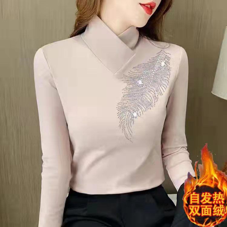 ฤดูใบไม้ร่วงฤดูหนาว Sequined Western สไตล์ Bottoming เสื้อผู้หญิง Slimmer ดู Belly ขนาดใหญ่เสื้อยืดแขนยาว