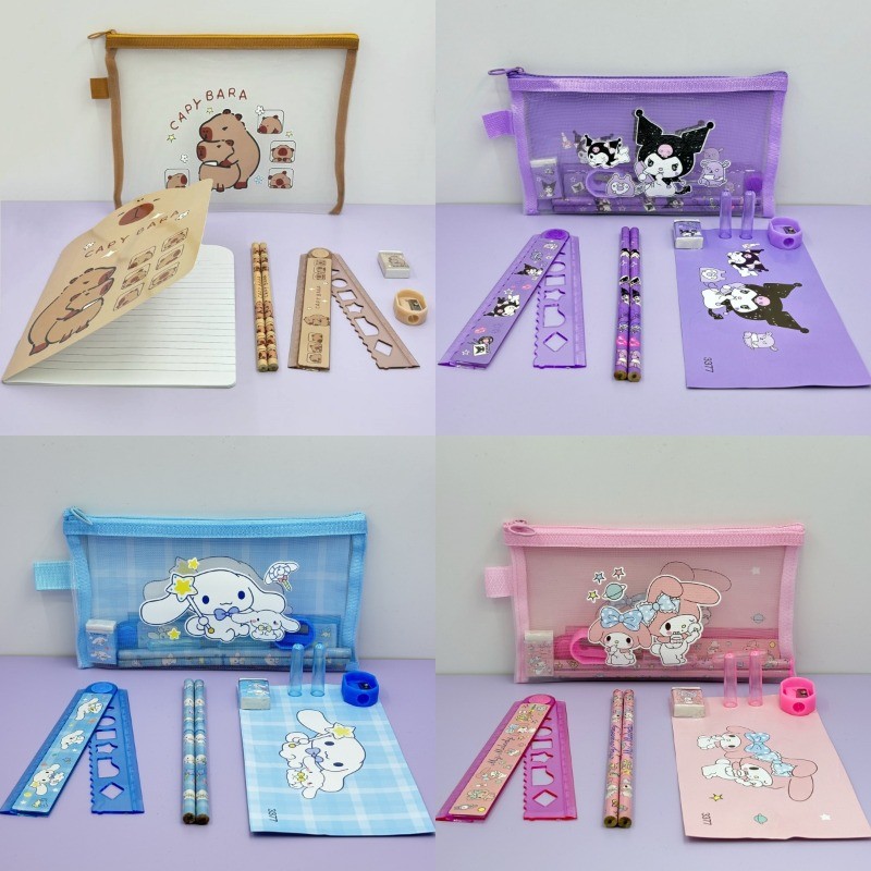 7 ชิ้น/เซ็ต Capybara Kuromi Melody ชุดเครื่องเขียนปากกาเจลพับไม้บรรทัดยางลบดินสอเครื่องเขียน Journal ของขวัญวันเด็ก