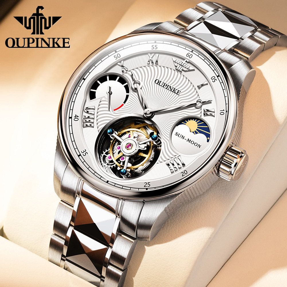 Oupinke นาฬิกาผู้ชาย Tourbillon สายเหล็กทังสเตนระบบอัตโนมัตินาฬิกากลไกข้างแรม