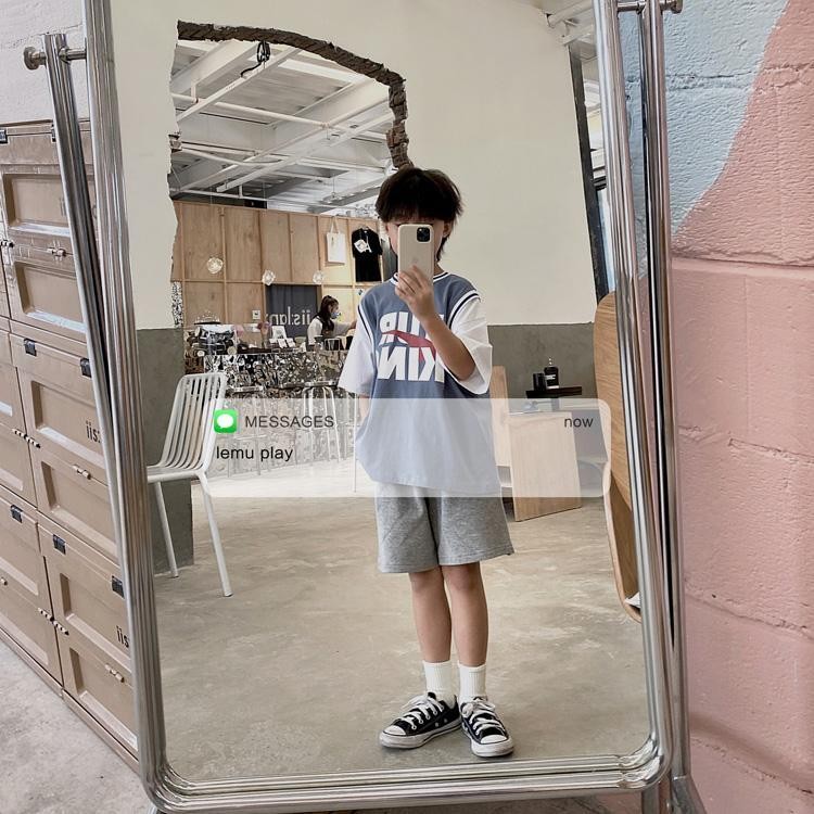 เสื้อผ้าเด็ก 4 เสื้อยืดเด็กเด็กชายฤดูร้อนเสื้อผ้าขนาดกลางขนาดใหญ่เด็กปลอมสองชิ้นแขนสั้นทุกการแข่งขันพิมพ์ตัวอักษรหลวม