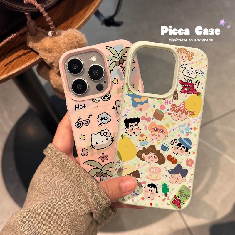 น่ารักเครยอนชินจังจระเข้ดอกไม้graffitiสําหรับiphone 16 13 15 12 XR 11 14 Pro Max X XS Max 16 14 15 Plusหนังหรูหราผิวรู้สึกคู่นุ่มกรณี