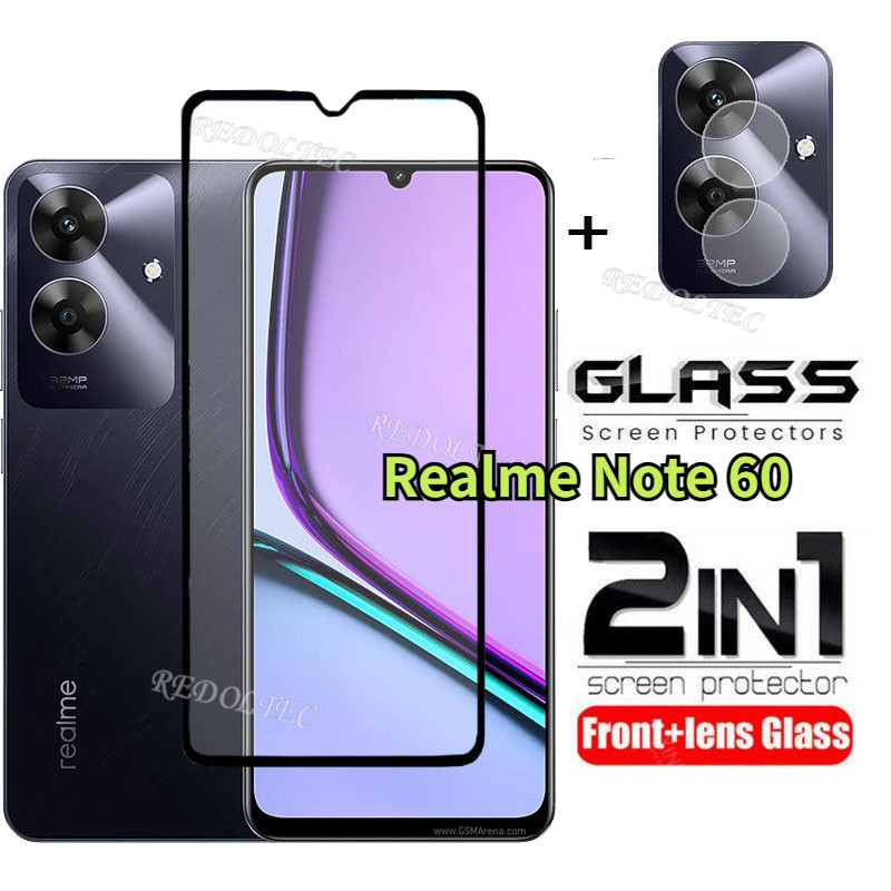 2 in 1 Realme Note 60 ตัวป้องกันหน้าจอ + เลนส์ป้องกันคลุมทั้งหมดกาวเต็ม Realme Note60 RealmeNote60 ฟิล์มกระจกนิรภัยป้องกันพร้อมการป้องกันกล้อง Flim