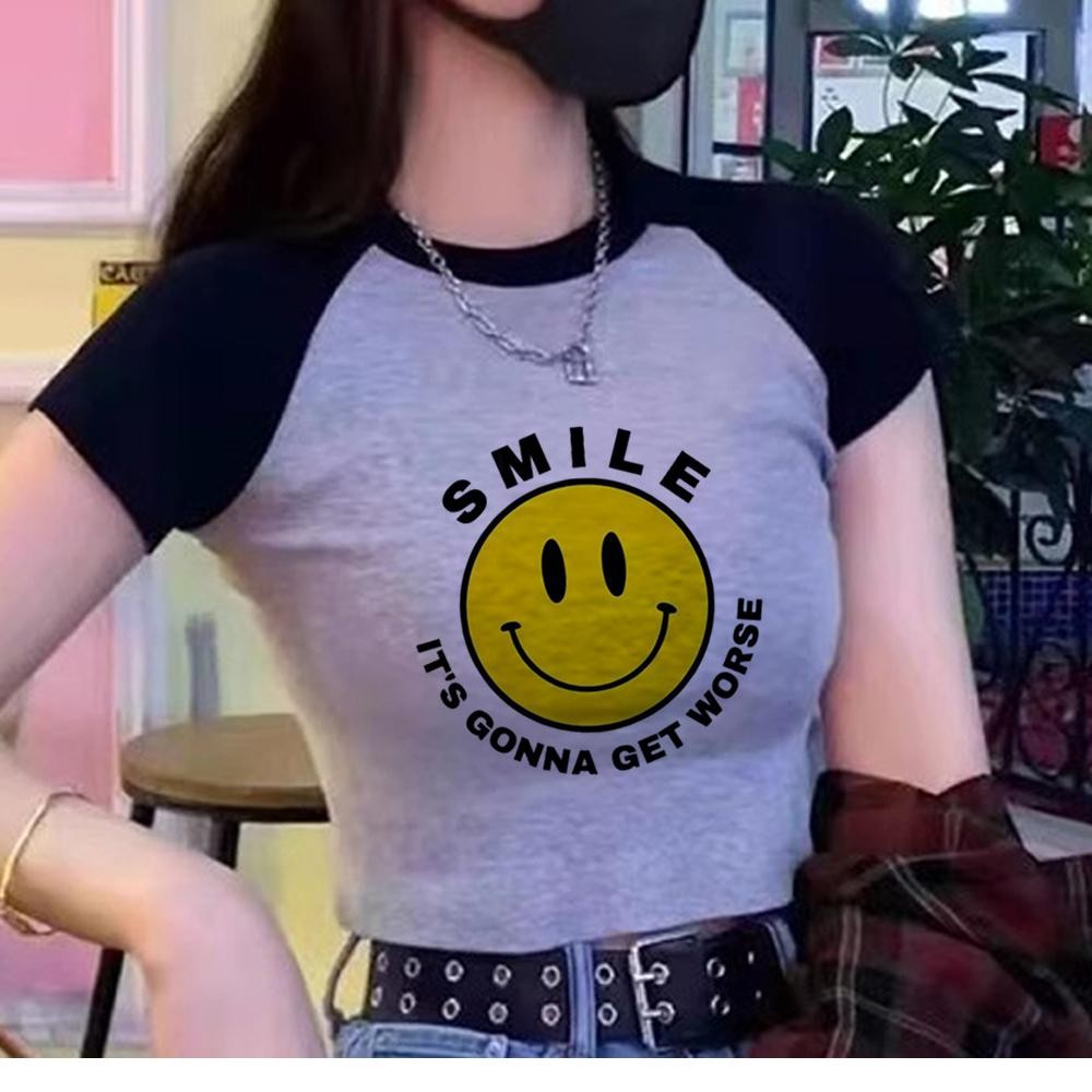 Keep Smile fairycore cyber y2k 90s เสื้อครอปหญิง cyber y2k 90s Kawaii ครอป