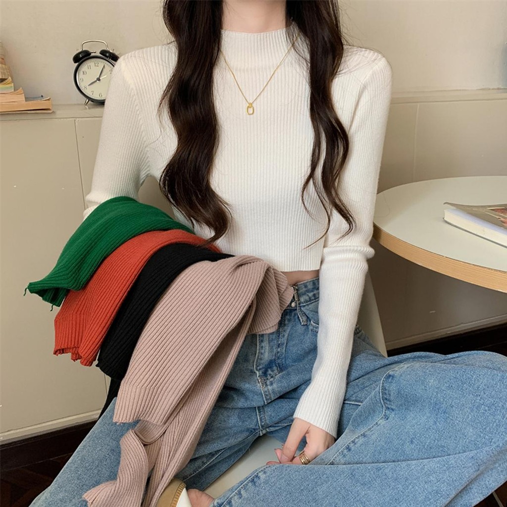 เสื้อครอปแขนยาว เสื้อไหมพรมผู้หญิง แฟชั่น คอเต๋า ผ้านุ่มนิ่มใส่สบาย #28119Women Clothing