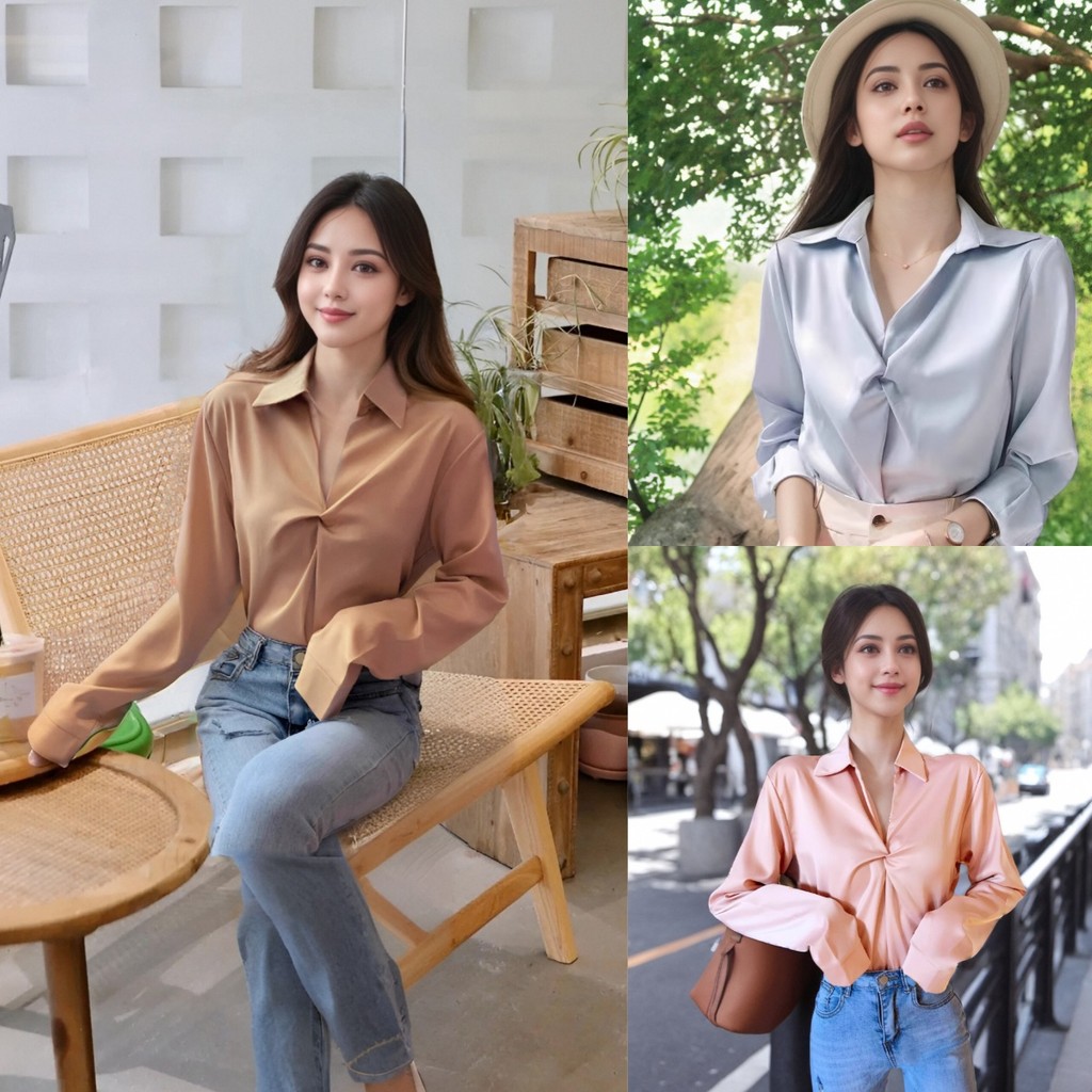 พร้อมส่ง เสื้อเชิ้ตคอปกแฟชั่นผู้หญิง เนื้อผ้าซาตินเงาพริ้ว สวมใส่สบาย เหมาะสำหรับทุกโอกาส