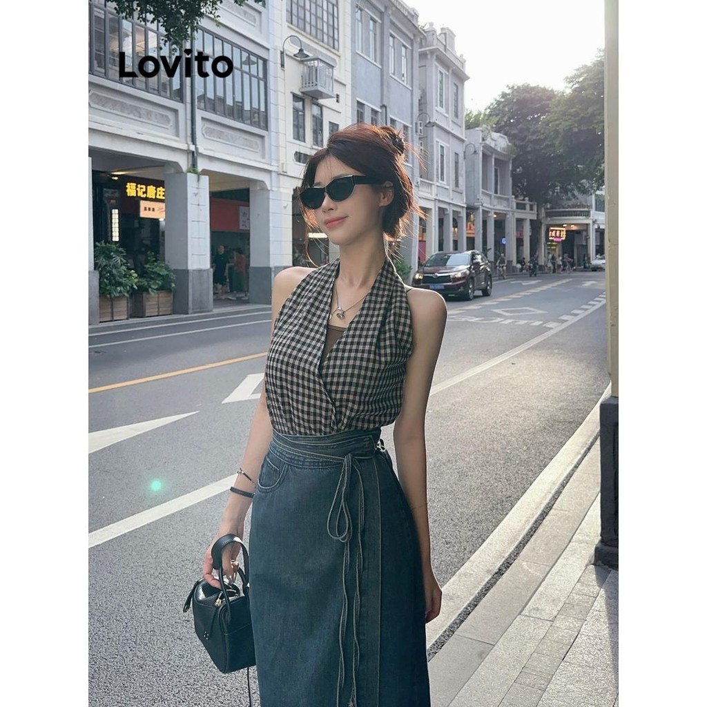Lovito เสื้อกล้าม ผ้าฝ้ายลายตาราง ตัดออก ลำลองสำหรับผู้หญิง LNE75073