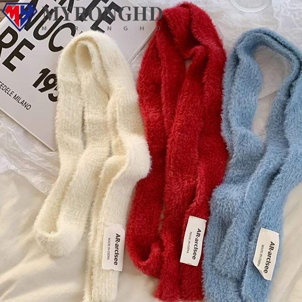 ผ้าพันคอแถบยาว MYRONGHD,เลียนแบบMink FurสีทึบY2Kสาวผ้าพันคอ,สไตล์เกาหลีWarm Plush Soft Mohairผู้หญิงผ้าพันคอกลางแจ้ง
