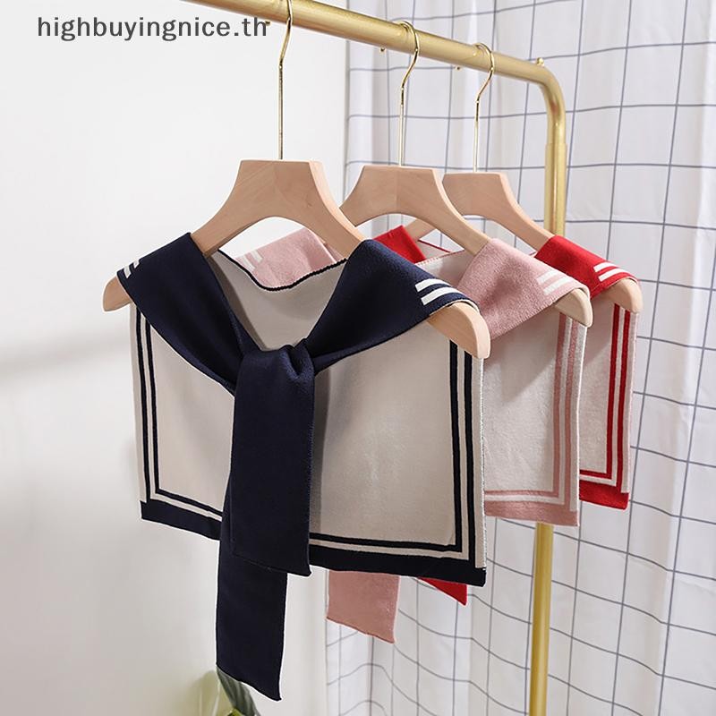 Hnth เกาหลี College Navy Stripe ขนสัตว์ถักไหล่ Cape Knotted Warm Shawl ฤดูร้อนเครื่องปรับอากาศห้องป้องกันคอผ้าพันคอผู้หญิง HNTH