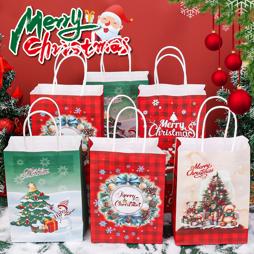 สินค้าตกแต่งคริสต์มาส-ช้อปปิ้งจัดระเบียบกระเป๋าถือ- [สุ่ม1ชิ้น] กระเป๋าของขวัญคริสต์มาส-กระดาษคราฟท์ซานตาเอลค์เกล็ดหิมะกระเป๋าถือแบบพกพา-สุขสันต์วันคริสต์ม