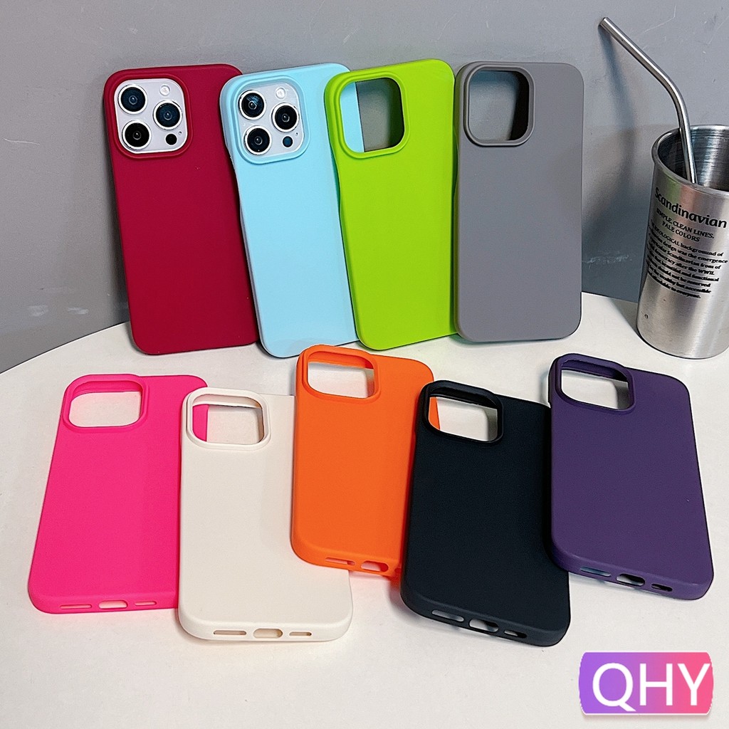 Qhy - เข้ากันได้กับเคส iphone 16 15 11 12 13 14 plus pro X XR max ปุ่มกลวงออกหลากสีสีสันสดใสซิลิโคนอ่อนนุ่มแข็งบริสุทธิ์สีแดงสีม่วงสีเทา