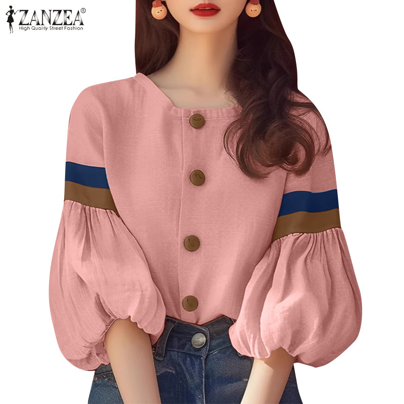 ZANZEA ซานเซีย ผู้หญิงเกาหลีลําลองคอกลมสามในสี่แขนเสื้อหลวม