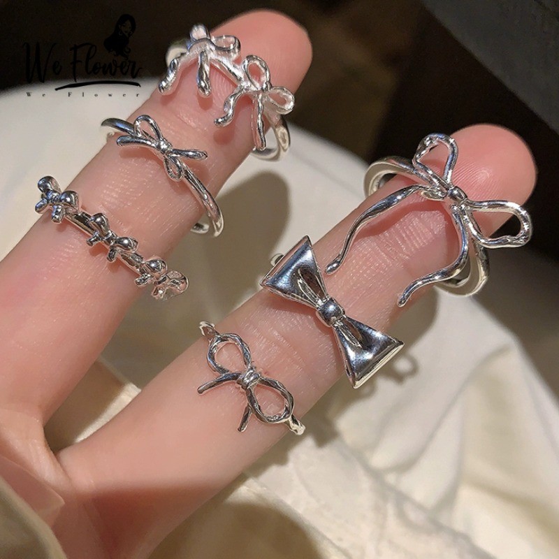 เราดอกไม้ Elegant s925 เงิน Hollow ริบบิ้นโบว์เปิดแหวนผู้หญิงสวมใส่ทุกวัน Pick ฟรี Finger Cuff แหวนเครื่องประดับ