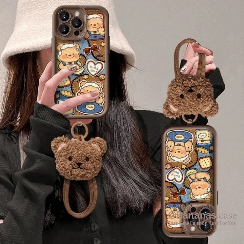Iphone 16 15 14 13 12 11 Pro Max X Xr Xs Max 7 8 Plus SE2020 เคสโทรศัพท์การ์ตูนเนยตุ๊กตาหมี + Lanyard ปกอ่อน