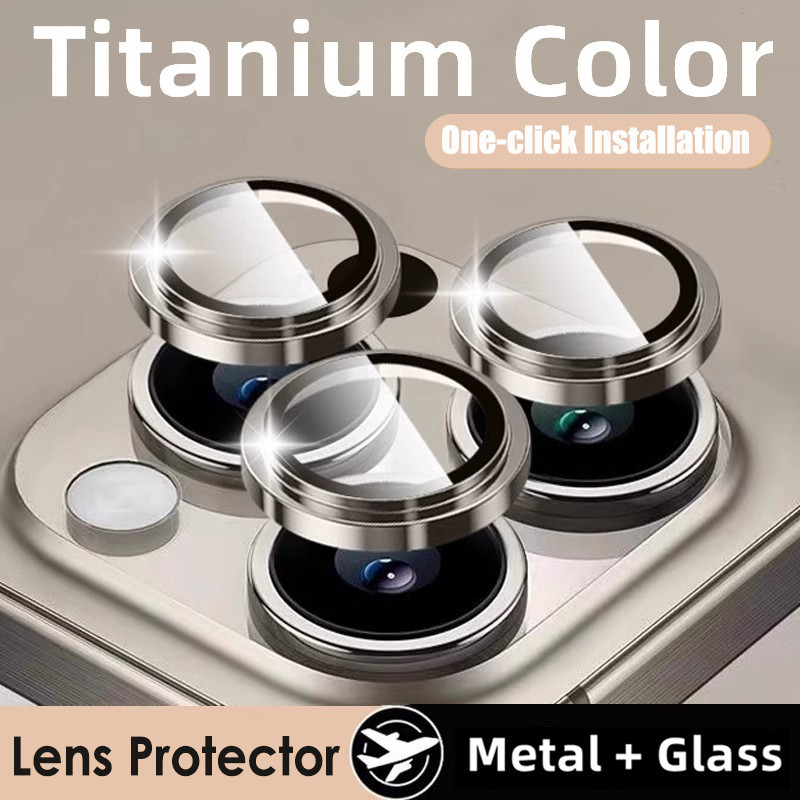 ไทเทเนียมสีกล้องเลนส์ป้องกัน สําหรับ iPhone 16 15 14 13 12 11 Pro Max 16 Plus 13 Mini คลิกเดียวติดตั้งเต็มปกแหวนโลหะฝาครอบกระจกค