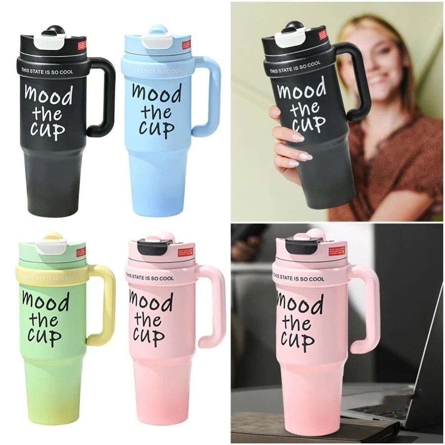 พร้อมที่จับ กระติกน้ําหุ้มฉนวน40OZ304 กระบอกน้ําแฝด สแตนเลสความร้อนกาแฟรถถ้วยคุณภาพสูงพร้อมที่จับและฟางแก้วร้อนเย็นทนทาน