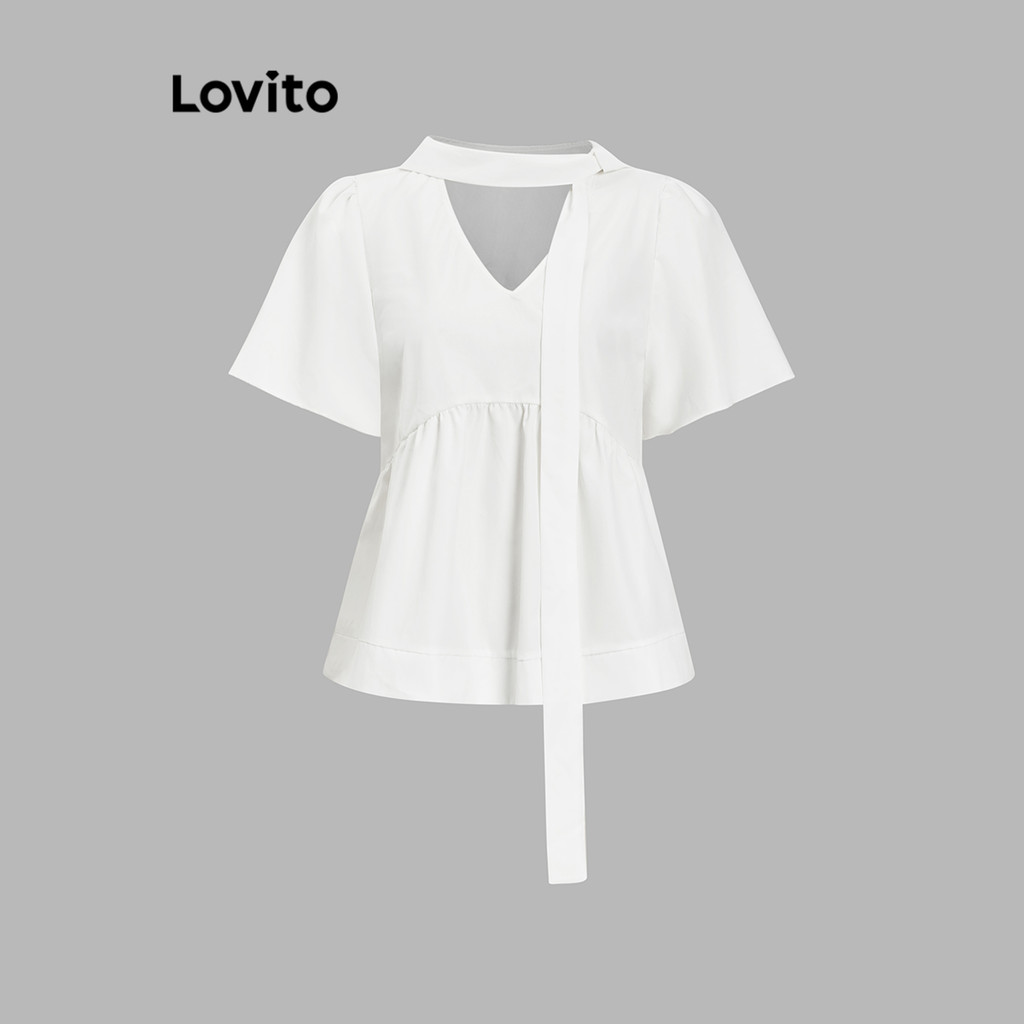 Lovito เสื้อเบลาส์คอผูกแบบเรียบง่ายสำหรับผู้หญิง L104ED039