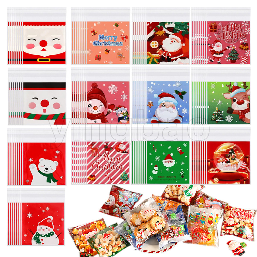 100 ชิ้นคริสต์มาส Cellophane กระเป๋า Xmas Treat Candy คุกกี้บิสกิตกระเป๋า Self-Adhesive พลาสติกปัจจุบันกระเป๋าสําหรับ Christmas Party DIY อุปกรณ์โปรดปราน, 4 สไตล์