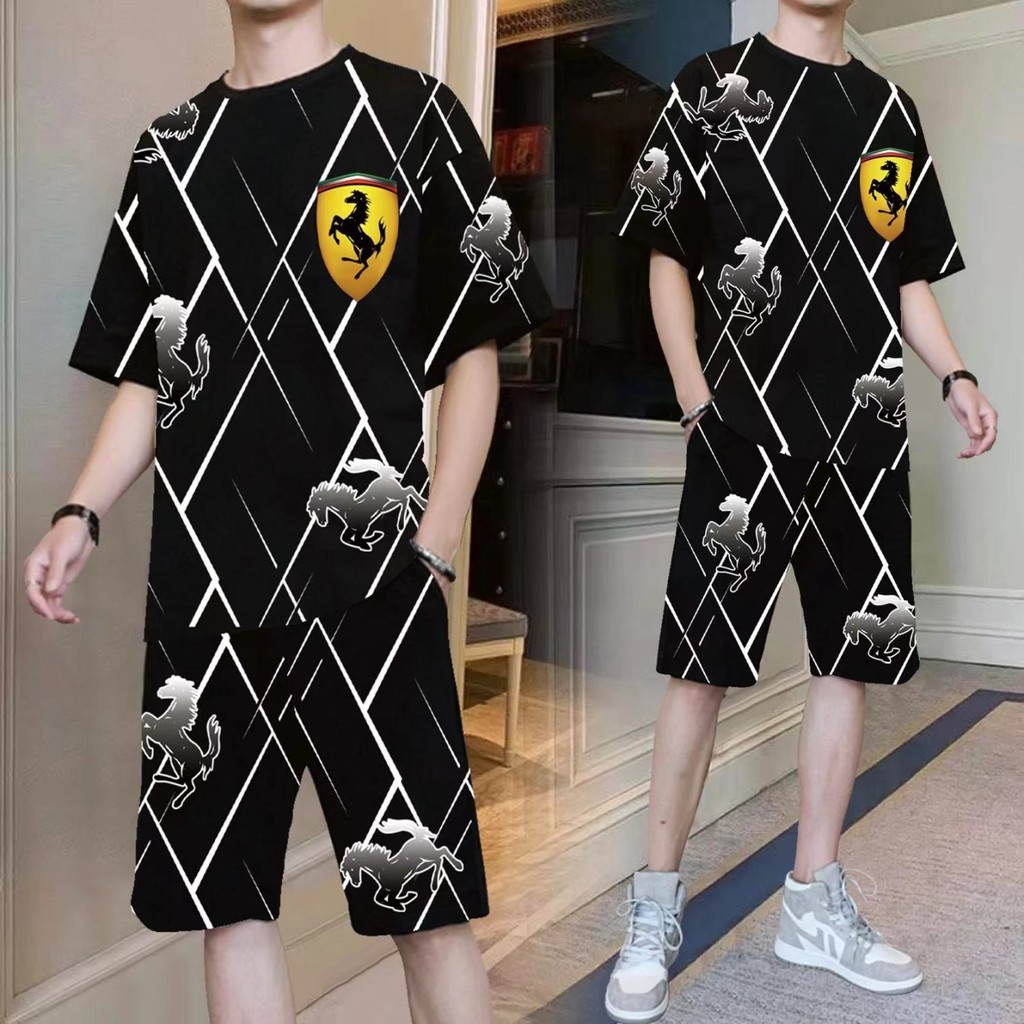 (Yiranmei) (ชุดสูทแขนสั้นผ้าไหมน้ำแข็งผู้ชายชุดฤดูร้อนลำลองกีฬาเสื้อผ้าผู้ชายชุดสูทสองชิ้นแฟชั่นหล่อ
