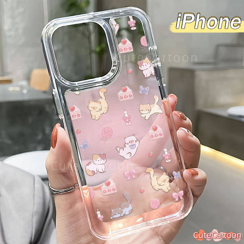 น่ารัก Cake-Cat PCกรณีiPhone 13 15 16 11 12 14 Pro Max XR X Xs Glossy GuysอะคริลิคใสHard-BackปลอกHP 