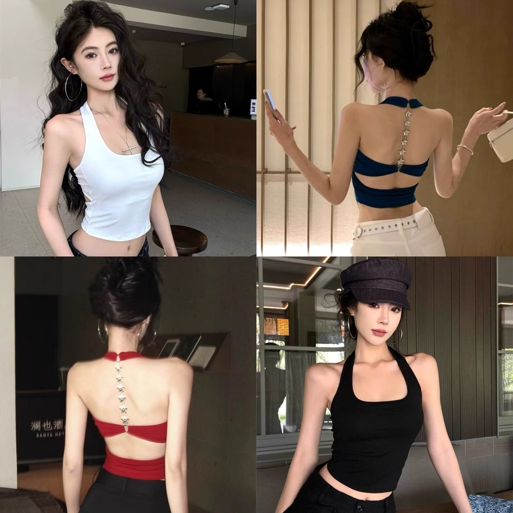 💓Anne💓เสื้อกล้าม แขนกุด มีฟองน้ำ เปิดหลัง แต่งโซ่💞เสื้อครอป สไตล์เกาหลี แฟชั่น เซ็กซี่💕#FY10134