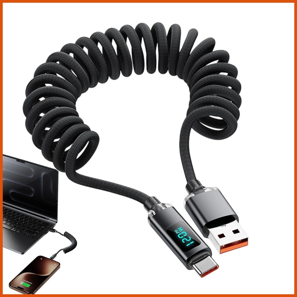 USB C Charger CABLE Fast 120W ฤดูใบไม้ผลิสาย 3 Ft Charger สายไฟดิจิตอลจอแสดงผลสําหรับรถยนต์ Travel G