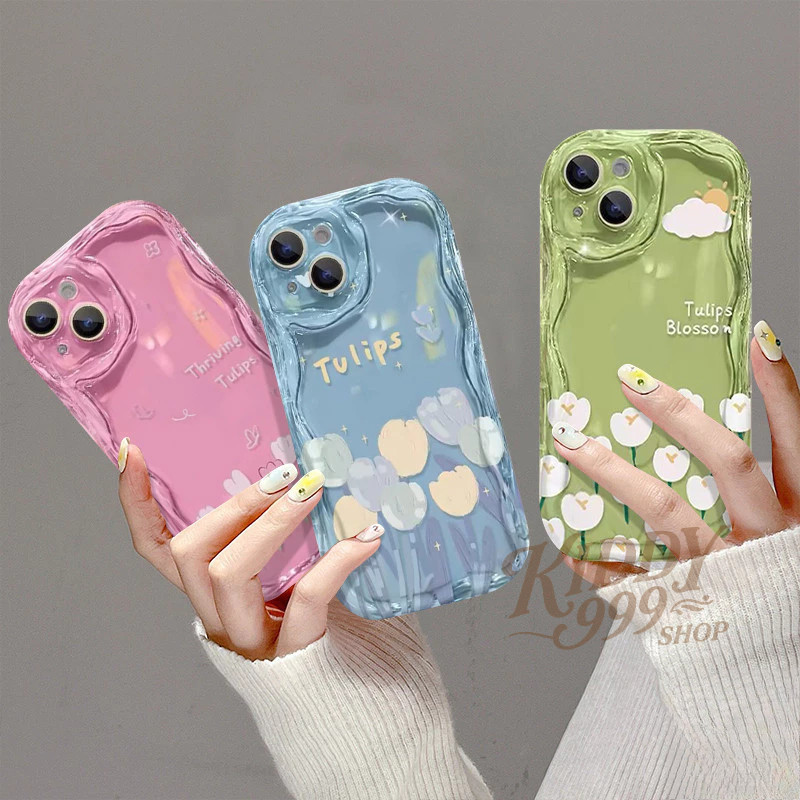 แฟชั่นภาพวาดสีน้ำมันน่ารักดอกทิวลิปดอกไม้ 3D คลื่นโค้งขอบกรณี เคสไอโฟน iPhone11 16 15 14 12 13 Pro Max X 7 8 Plus XR XS