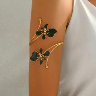 LITTLEX สร้อยข้อมือดอกไม้, เคลือบเคลือบหัตถกรรมสีทองดอกไม้เปิดข้อมือ Armlet, Vintage โลหะเปิดแหวนของขวัญ
