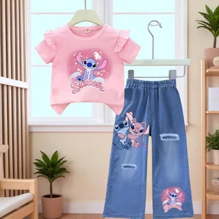 PINKชุดเซ็ทเด็ก2ชิ้น ลายน่ารัก เสื้อแขนระบาย*กางเกงยีนส์เทียม(ผ้าฝ้ายโพลี)5847