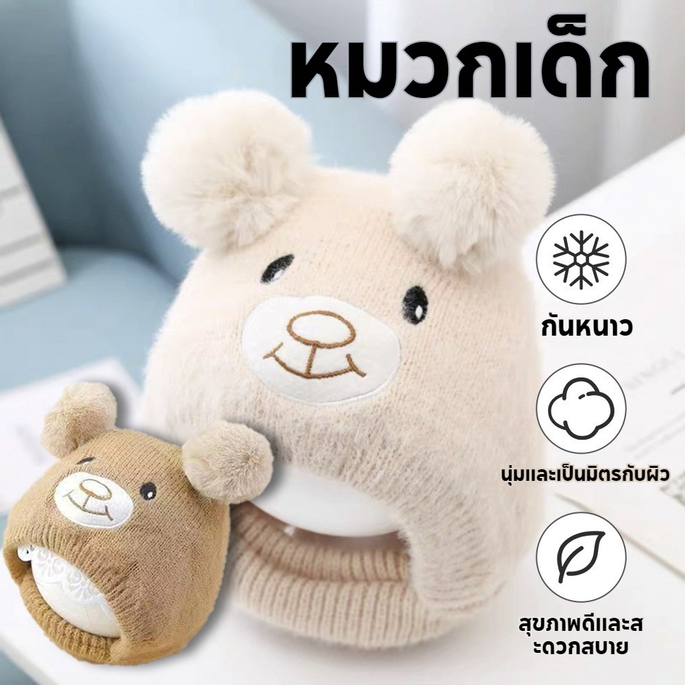 หมวกเด็ก 2เดือน-2ปี รอบหัว:40-50 cm. หมวกไหมพรมแบบผูกคาง แต่งลายหมี หมวกแฟชั่นเด็ก