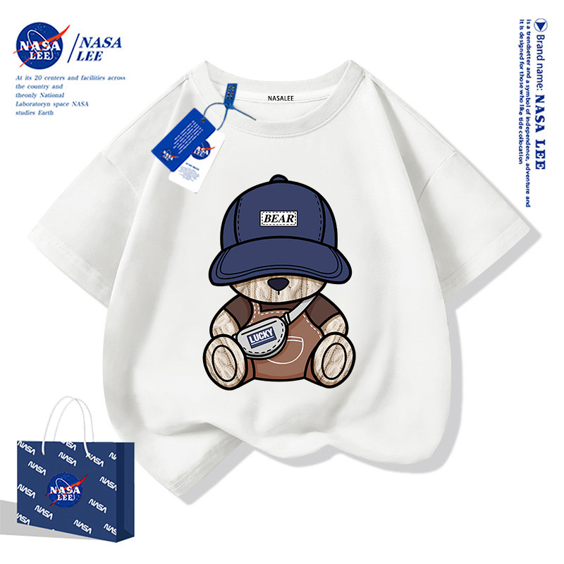 【จัดส่งภายใน 48 ชั่วโมง】เสื้อยืดเด็ก NASA สีขาว ผ้าฝ้าย 100% ลายหมีน้อย (Little Bear)