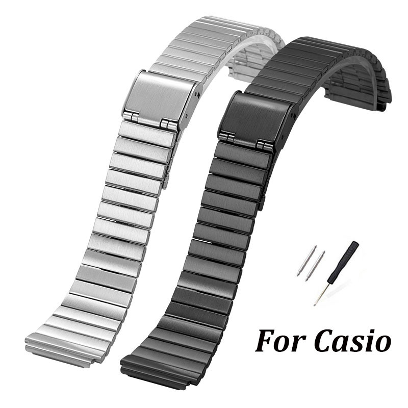 สายนาฬิกาสแตนเลสย้อนยุค 18 มม. 20 มม. สายนาฬิกาอิเล็กทรอนิกส์สําหรับ Casio ​​​​​​​A158 A159 A168 A169 B650 AQ230 F91 โลหะทองเงินสีดําสายนาฬิกาผู้หญิงผู้ชายสร้อยข้อมือ