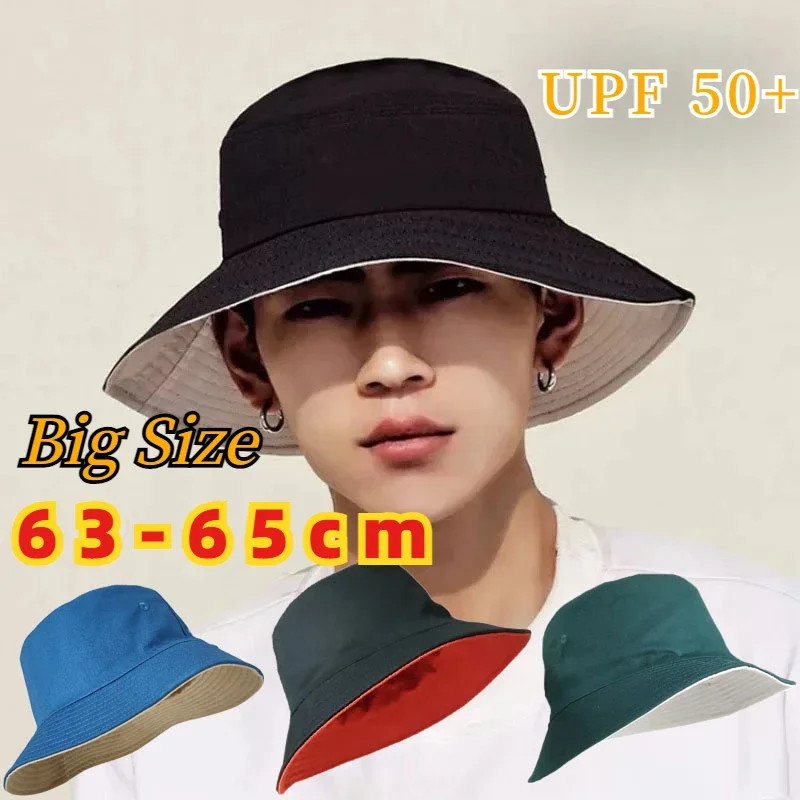 หมวกบักเก็ตไซส์ใหญ่ L-XL, 65 ซม., หมวกสองด้านสำหรับป้องกันแสงแดดและการแต่งตัวสไตล์ชาวประมง