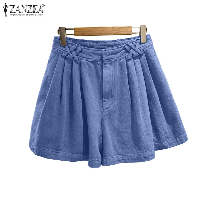 ZANZEA กางเกงขาสั้นผู้หญิง สไตล์เกาหลีวินเทจ เอวสูง ลายซิปรอบหน้าและกระโปรงย่น