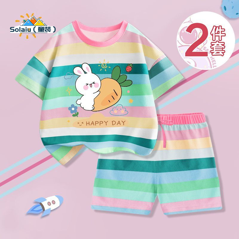 ชุดสูทเด็กผู้หญิงเสื้อยืดแขนสั้นชุดสองชิ้น Influencer Strip - รูปที่ 4