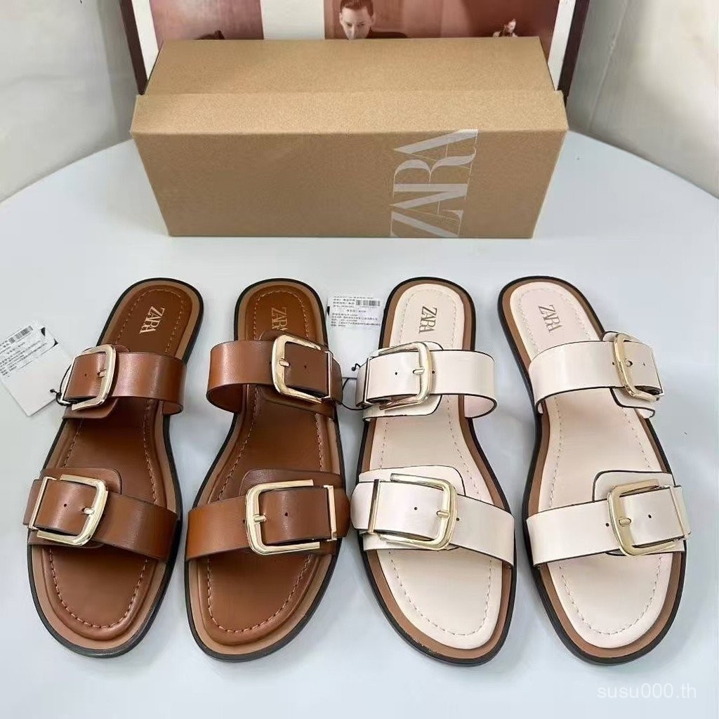 zara รองเท้าแตะสไตล์ Retro ฤดูร้อน กับหัวเข็มขัดโลหะ และสายรัดแบน เปิดนิ้วเท้า เหมาะสำหรับวันหยุดพักผ่อนและการสวมใส่วันธรรมดา