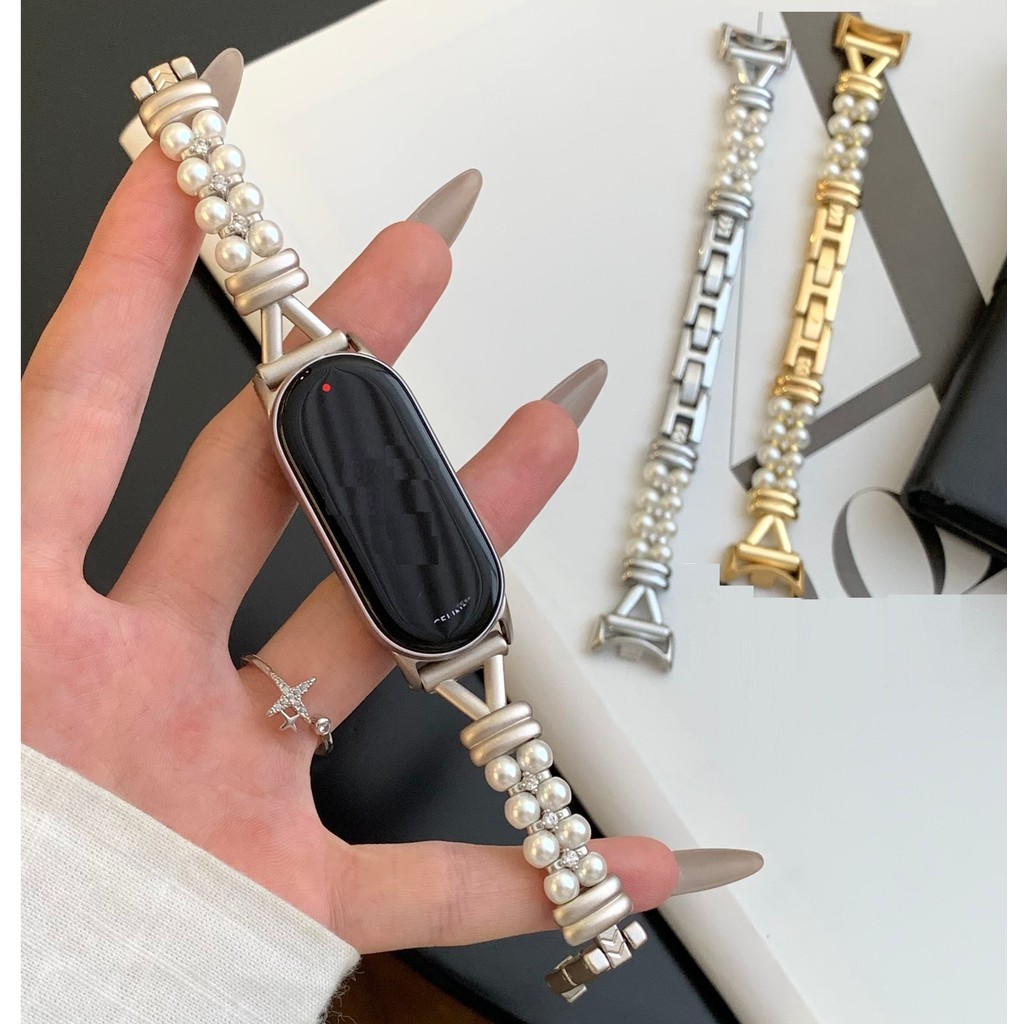 ELegant Metal Pearl Watch Strap Compatible For mi band 10 Strap mi band 8 / mi band 9 Strap Bead mi 