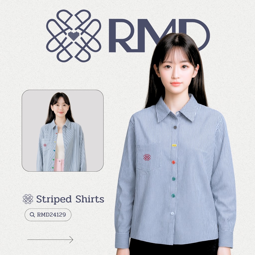 ℝ𝕄𝔻 𝕆𝕟𝕝𝕚𝕟𝕖 𝕊𝕥𝕠𝕣𝕖™ เสื้อเชิ้ตแขนยาวลายทาง คอปก ดีเทลกระดุมหลากสี มีกระเป๋าหน้า อกปัก RMD