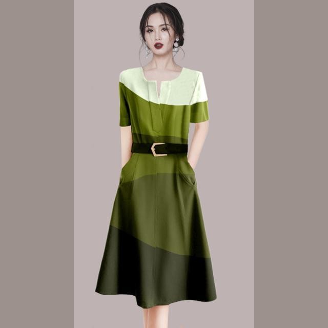 S-2XL/European American Fashion Dress Stitching Dress V คอแคบ-เอวแขนสั้น Classy Commuter Dress A-Lin