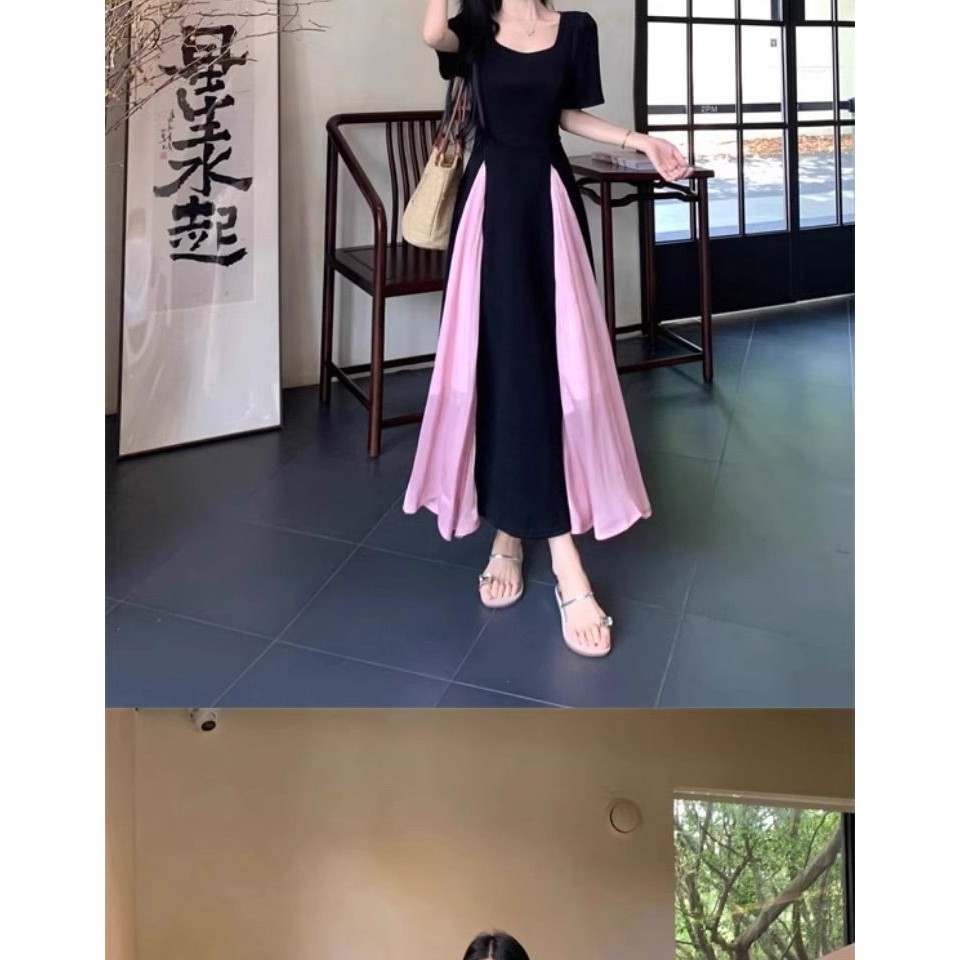 [นุโอะ] ชุดแฟชั่นสไตล์ใหม่สำหรับฤดูร้อน ผ้าโปร่ง ออกแบบให้ดูเอวเล็กและมีคอลักษณะฝรั่งเศส