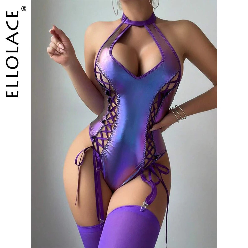 ELL Pure Desire Fantasy Bodysuit Stocking Lace Up Latex Top Halter Body Backless Hot Youthful Habits