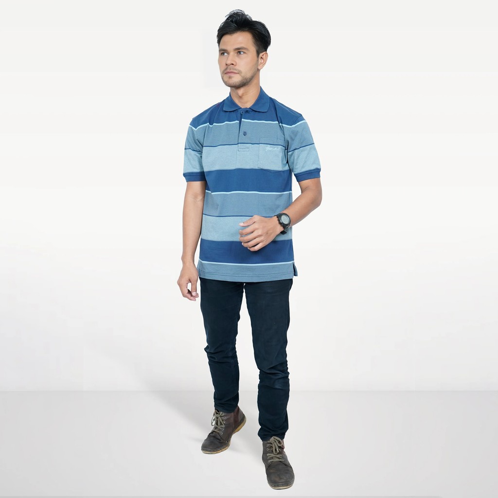 เสื้อโปโลลายทางผู้ชาย Hassenda James แขนสั้นล่าสุด สีกรมท่า HPA10412NVY