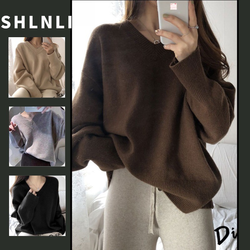 เสื้อสเวตเตอร์คอวีฐานอ่อนโยนสําหรับผู้หญิงเสื้อถักสีทึบหลวมฝรั่งเศสสําหรับฤดูใบไม้ร่วงฤดูหนาว