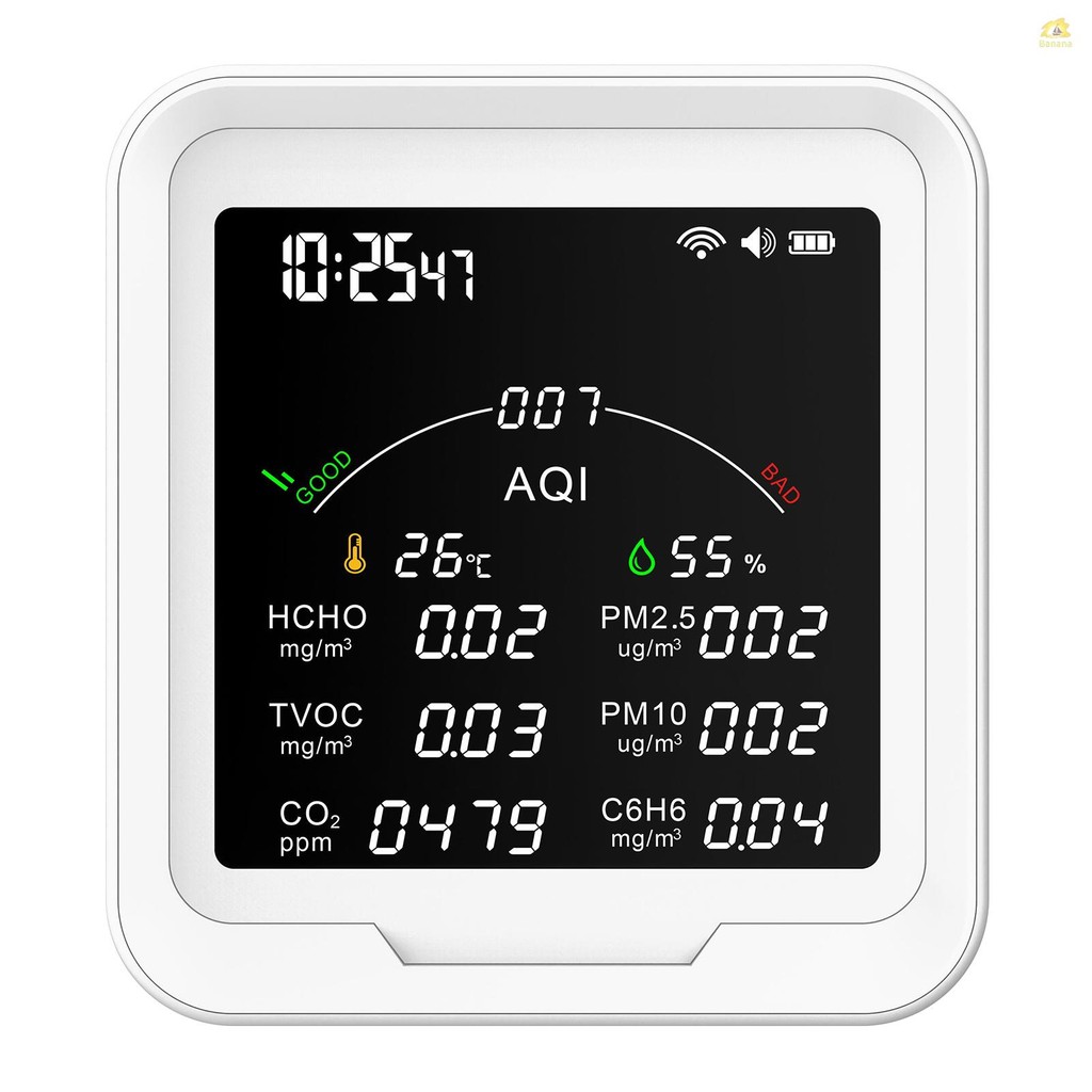 เครื่องวัดคุณภาพอากาศแบบพกพา HCHO/TVOC/CO2/PM2.5/PM10/AQI/C6H6 อุณหภูมิและความชื้นเครื่องทดสอบ 4.8 น