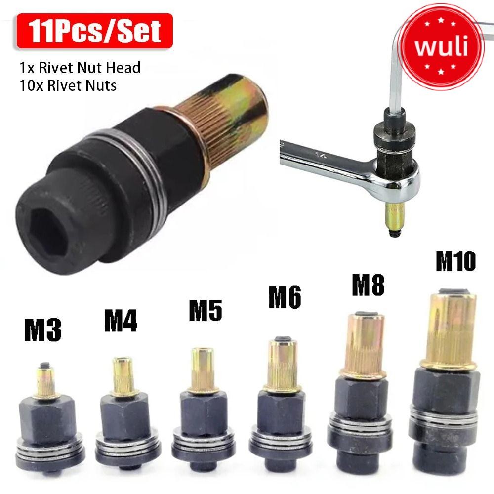 WULI 11 ชิ้น/เซ็ต Hand Rivet Nut, ติดตั้งง่ายสําหรับ Rivet Nut ไฟฉายคู่มือ Riveter เครื่องมือ, Mandrel Staple ไฟฟ้า Riveting อะแดปเตอร์ M3 M4 M5 M6 M8 M10 หัว Rivet ชุดเครื่องมือ