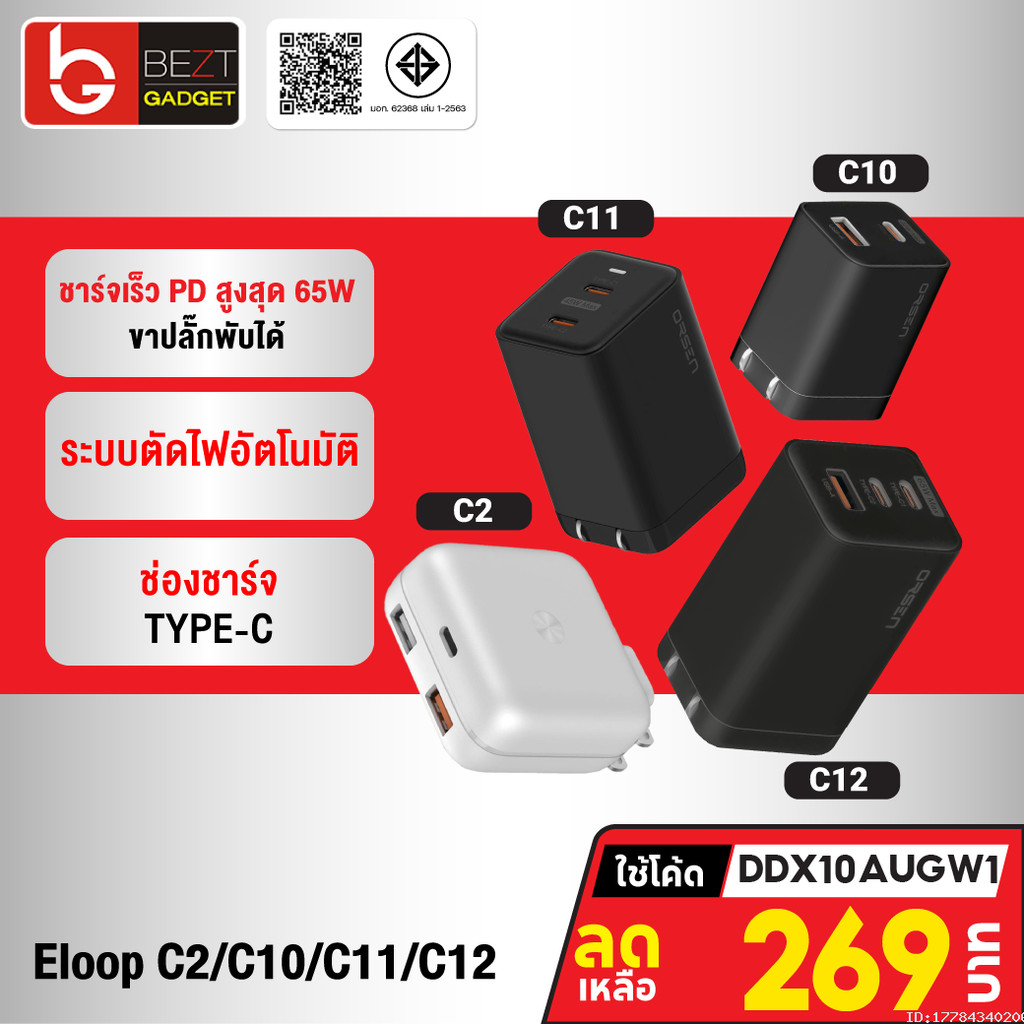 [269บ.โค้ดคุ้ม] Eloop C2 / C10 / C11 / C12 GaN รวม หัวชาร์จเร็ว PD สูงสุด 65W Orsen Apapter หัวชาร์จ USB Type C