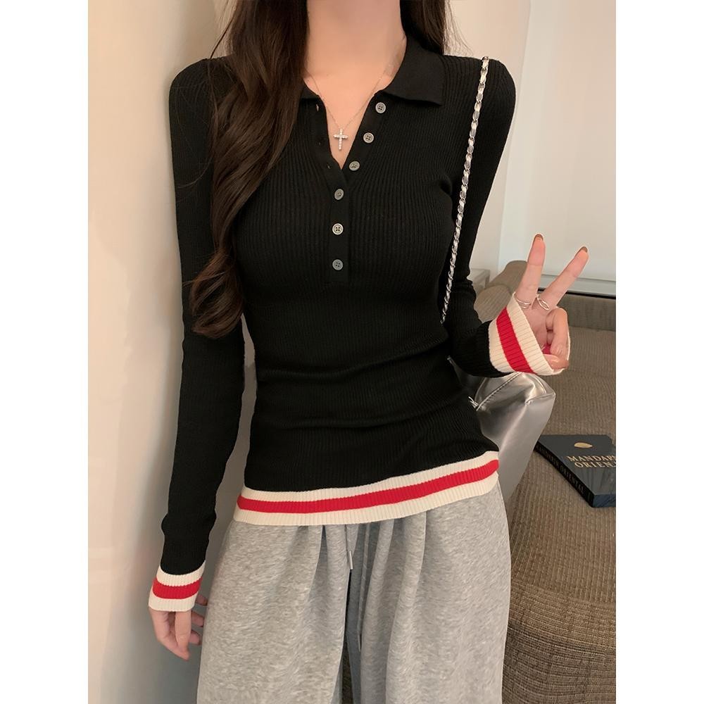 MOESSQUEEN  เสื้อโปโลถักไหมพรมผู้หญิง ทรงเข้ารูป สไตล์เกาหลี สีตัดกัน ใส่ได้หลาย