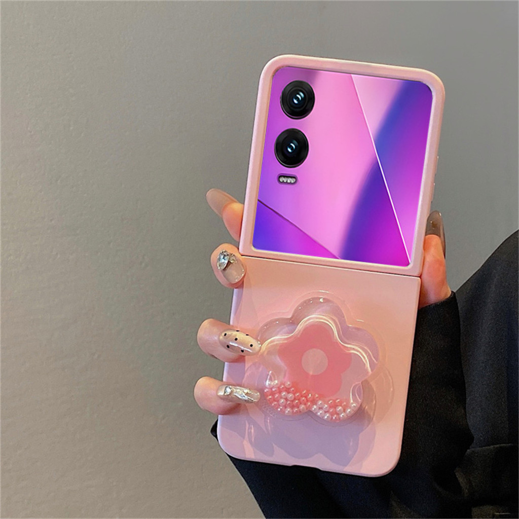 Ins หวานเกาหลีสีทึบสีชมพูกรณีไหลลูกปัดดอกไม้สําหรับ Infinix Zero Flip Tecno Phantom V Flip2 5g ฝาครอบ